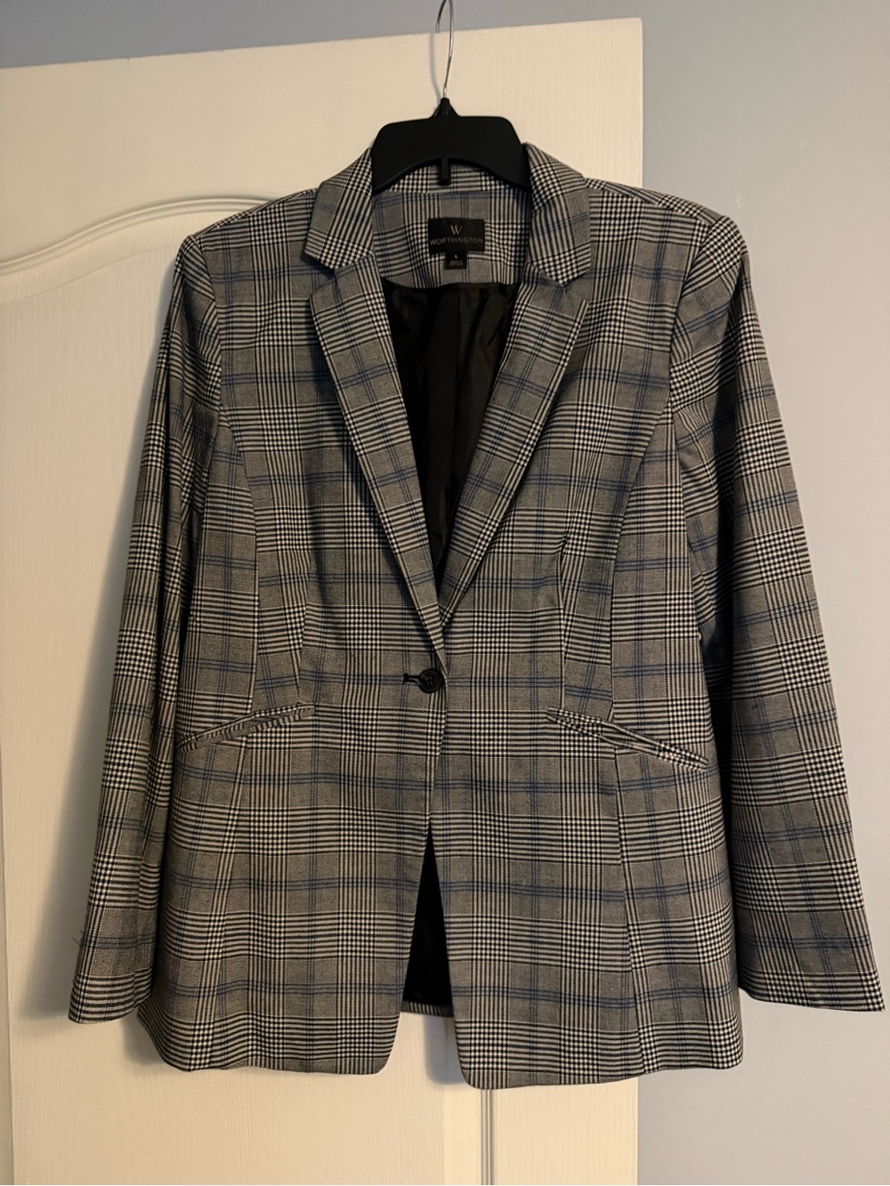 Worthington Blue-Accented Gray Plaid Single-Button Blazer